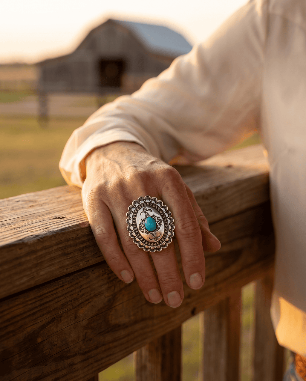 Western Concho & Faux Turquoise Stretch Statement Ring — 1.5" Bold Western Hand Statement - Rooted & Reckless Co.