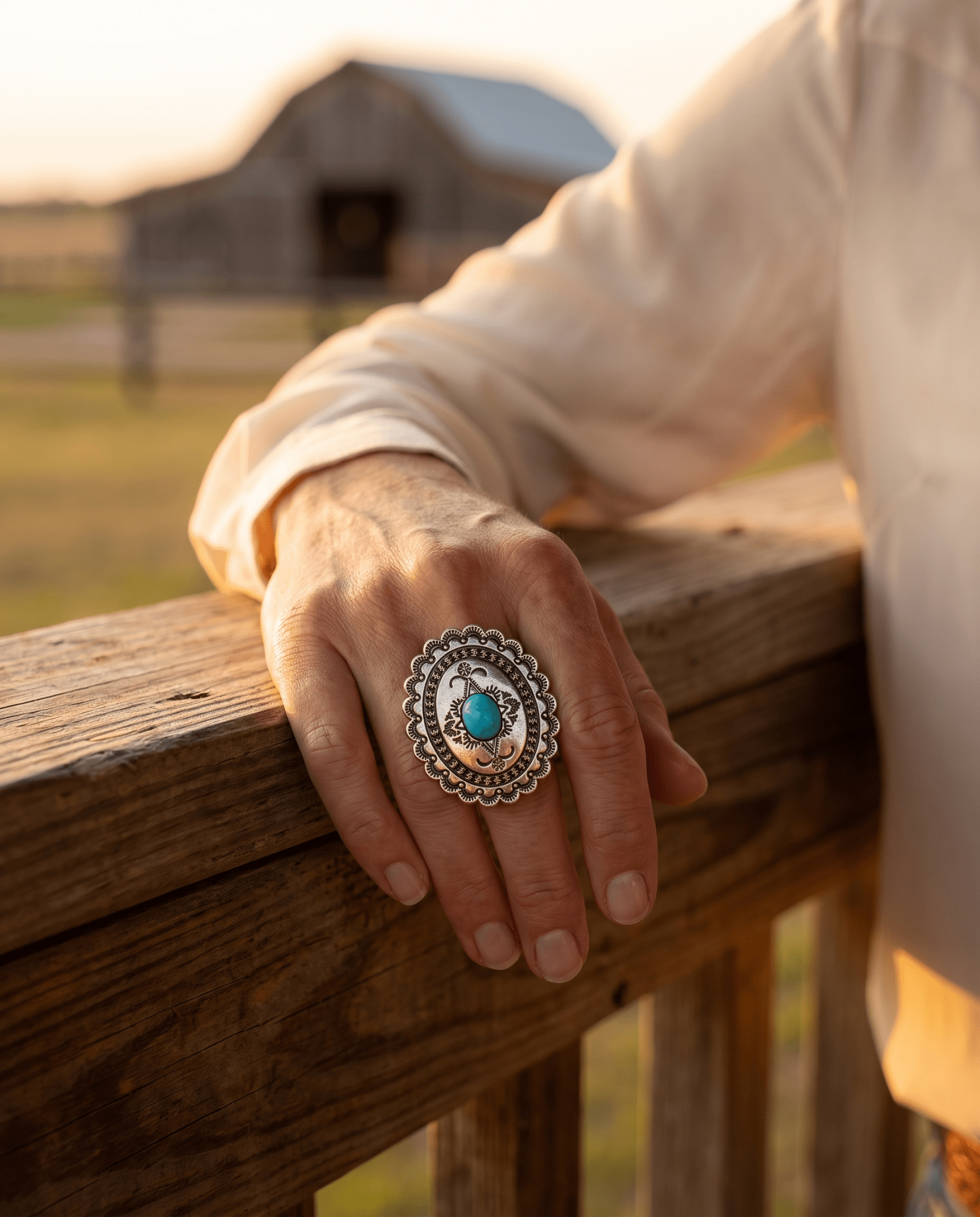 Western Concho & Faux Turquoise Stretch Statement Ring — 1.5" Bold Western Hand Statement - Rooted & Reckless Co.