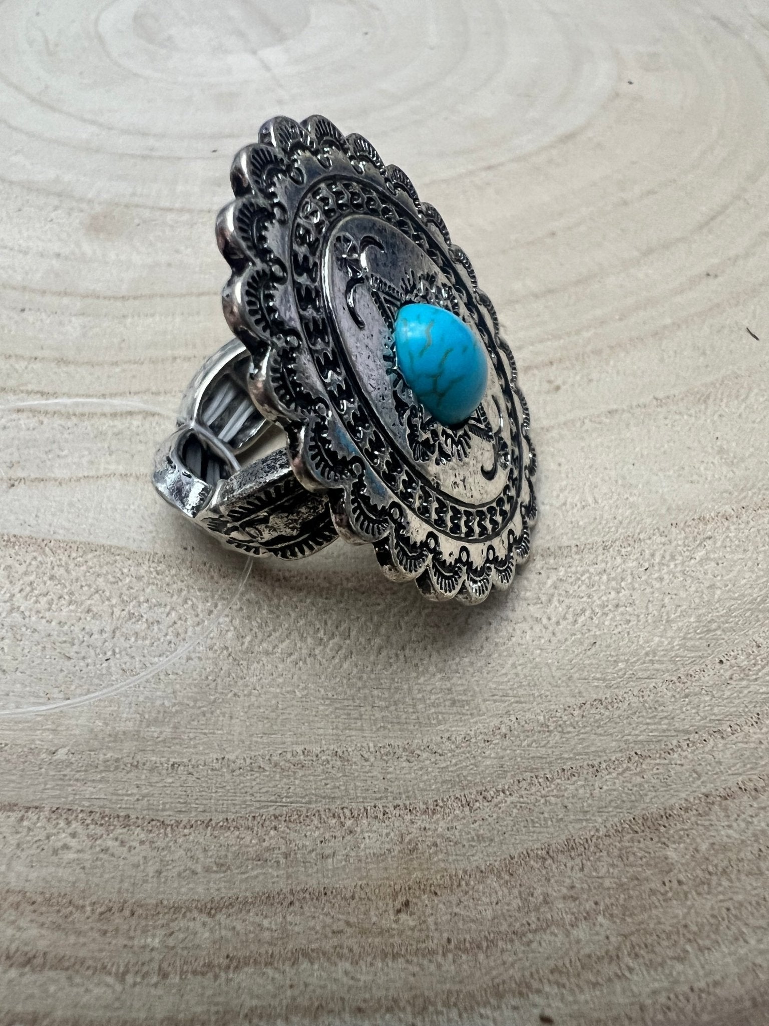 Western Concho & Faux Turquoise Stretch Statement Ring — 1.5" Bold Western Hand Statement - Rooted & Reckless Co.