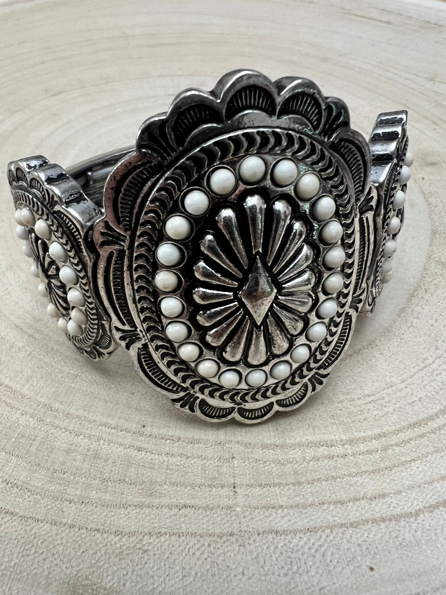 Western Concho & White Stone Wide Statement Stretch Bracelet - Rooted & Reckless Co.