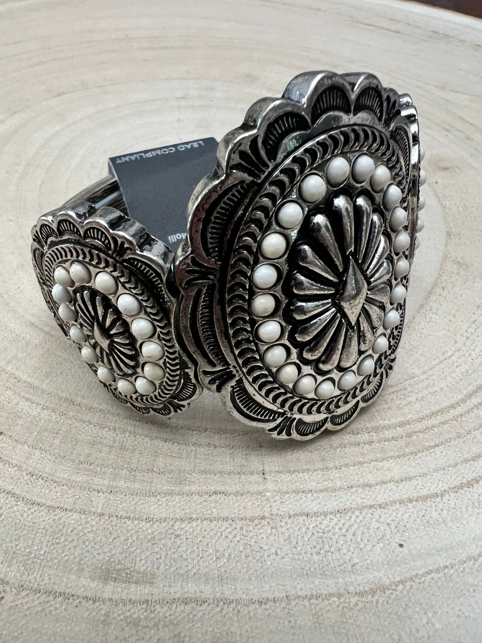 Western Concho & White Stone Wide Statement Stretch Bracelet - Rooted & Reckless Co.