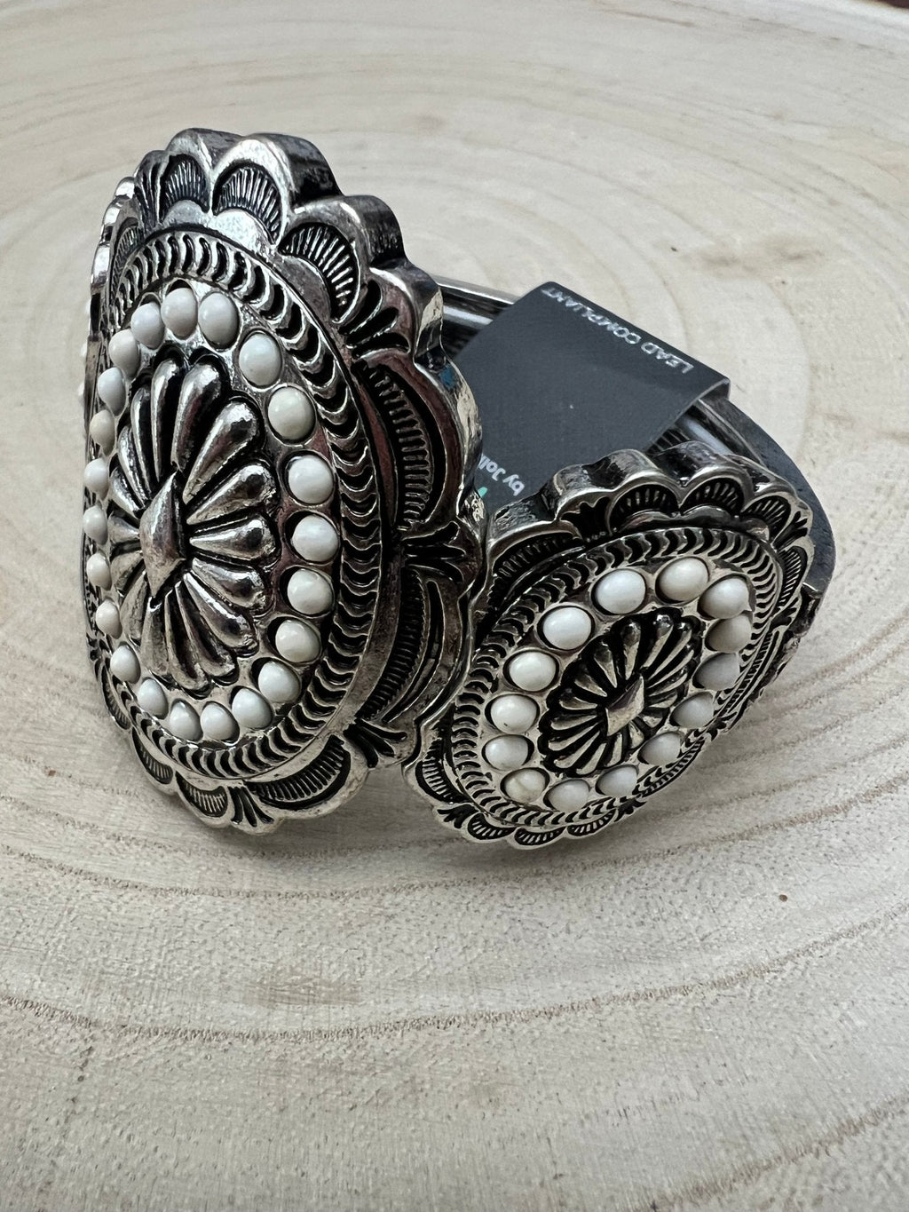 Western Concho & White Stone Wide Statement Stretch Bracelet - Rooted & Reckless Co.