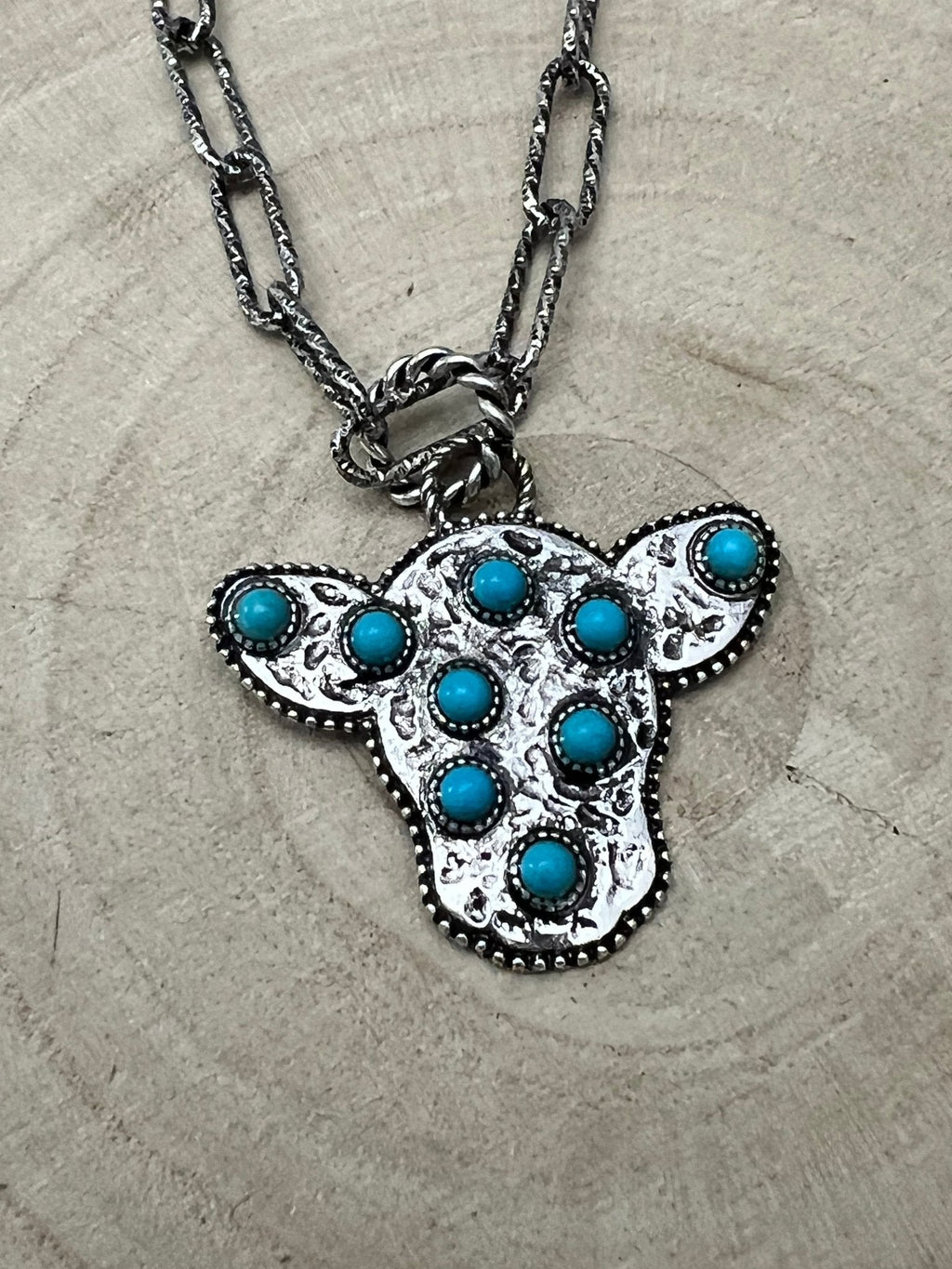 Western Cow Head Pendant Necklace with Faux Turquoise — 18 Inch - Rooted & Reckless Co.