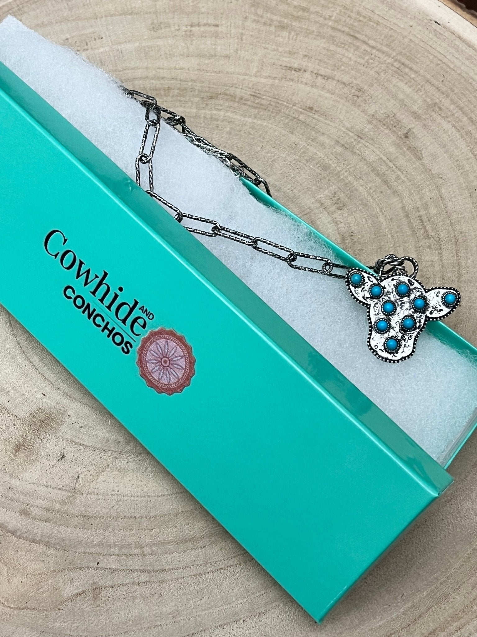 Western Cow Head Pendant Necklace with Faux Turquoise — 18 Inch - Rooted & Reckless Co.