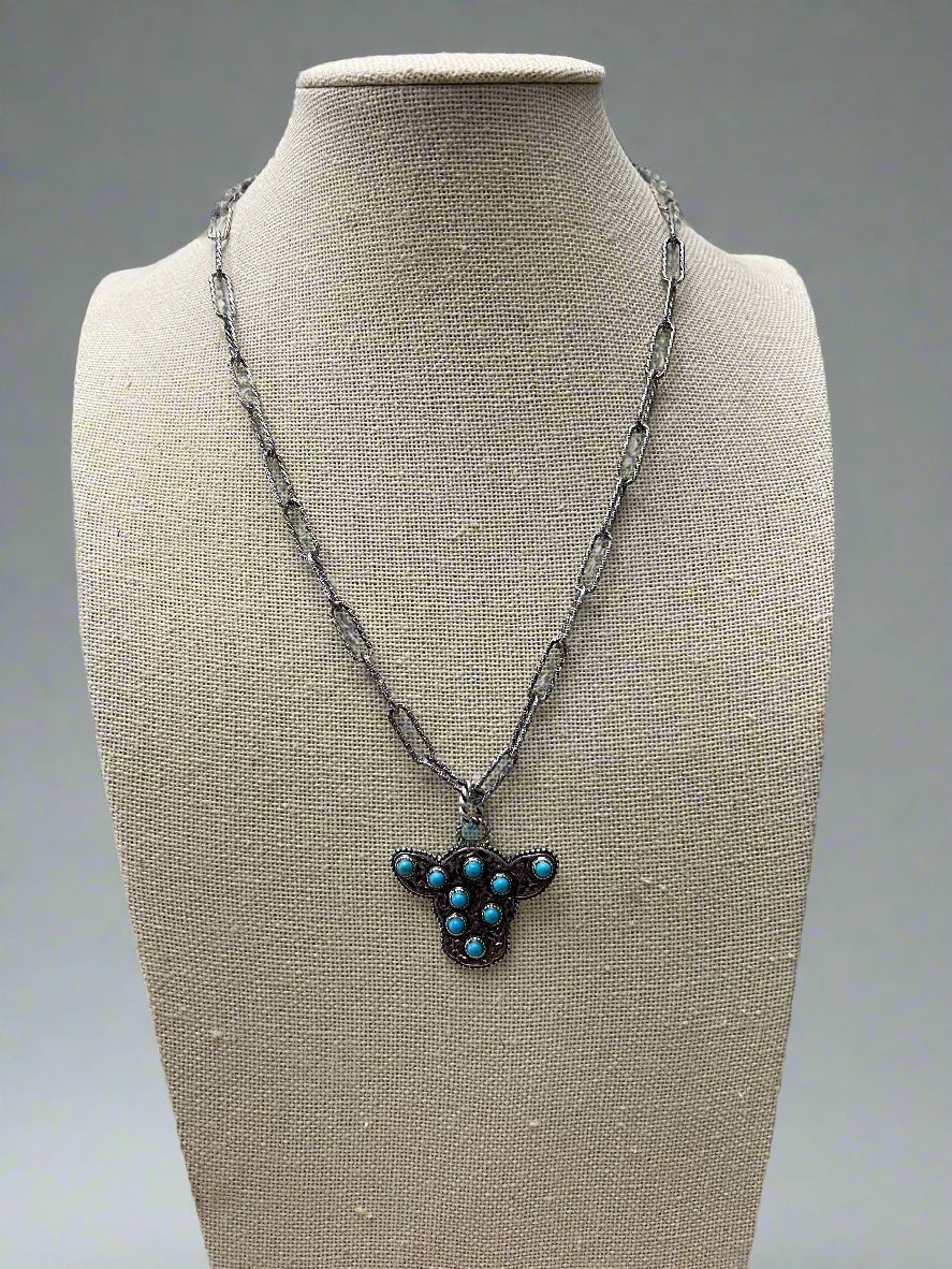 Western Cow Head Pendant Necklace with Faux Turquoise — 18 Inch - Rooted & Reckless Co.
