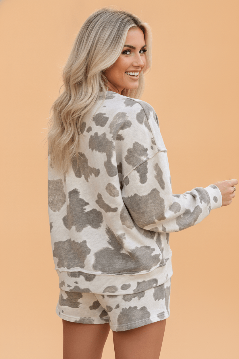 Western Cow Raw Hem Long Sleeve Top & Shorts Set - Rooted & Reckless Co.