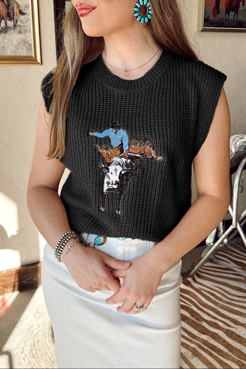 Western Cowboy Embroidered Round Neck Sleeveless Sweater - Rooted & Reckless Co.