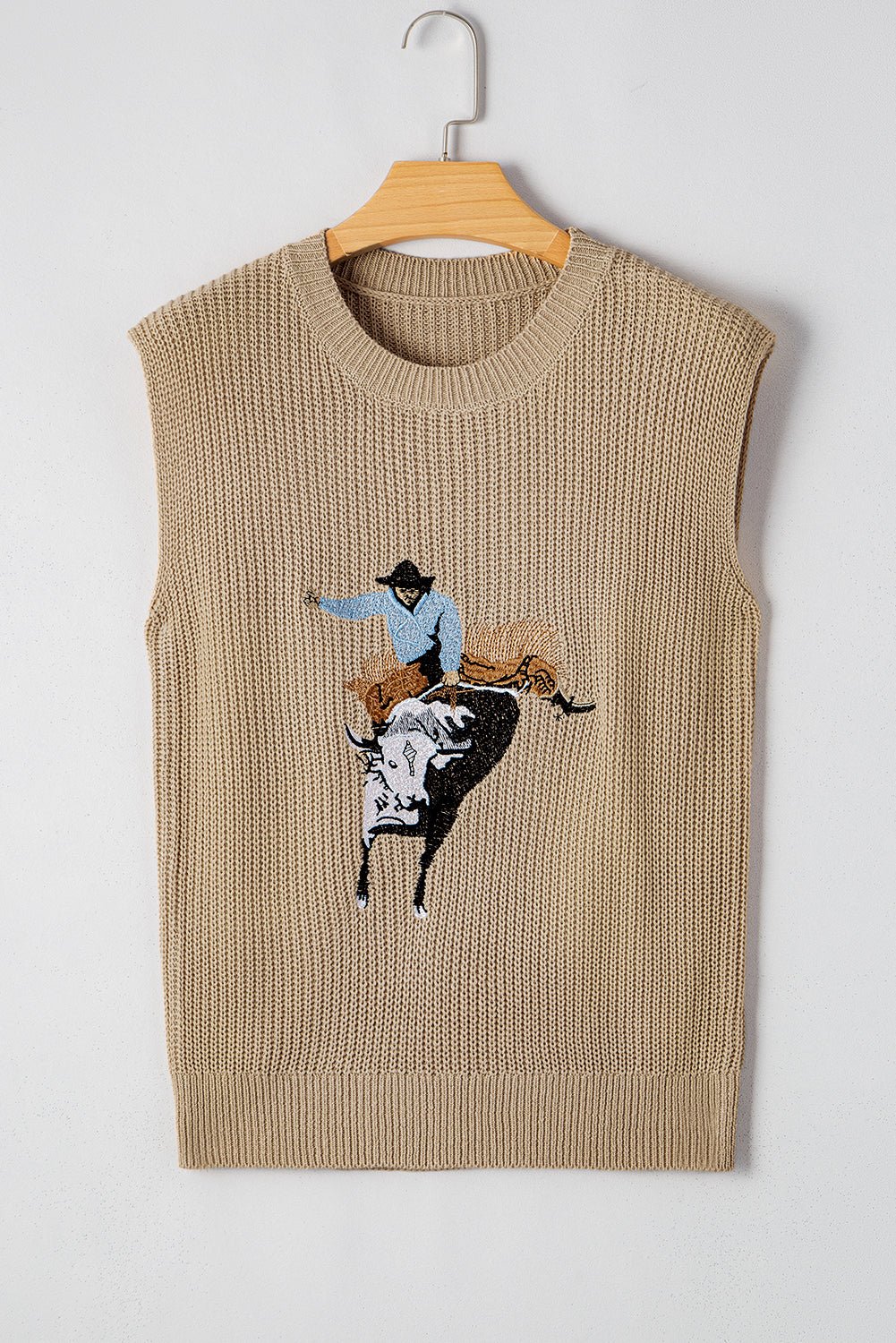Western Cowboy Embroidered Round Neck Sleeveless Sweater - Rooted & Reckless Co.