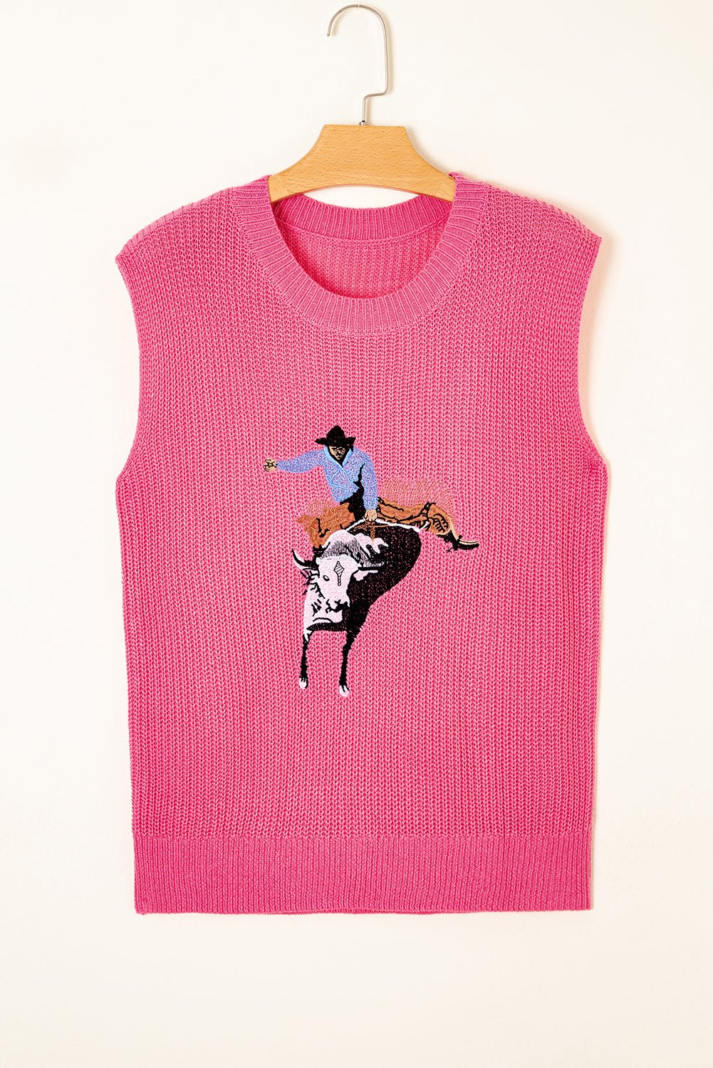 Western Cowboy Embroidered Round Neck Sleeveless Sweater - Rooted & Reckless Co.