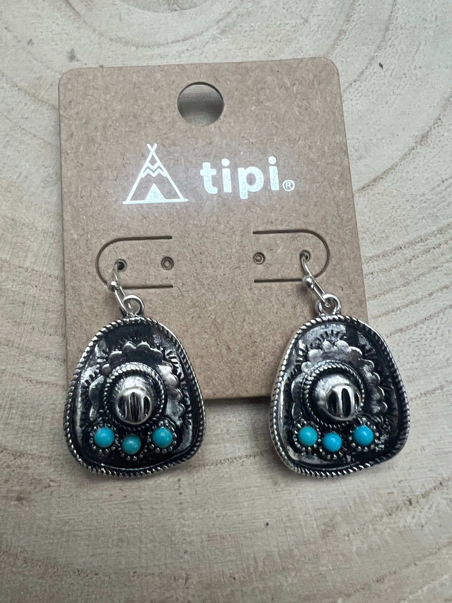 Western Cowboy Hat Dangle Earrings with Faux Turquoise — Oxidized Silver 1" Drop - Rooted & Reckless Co.
