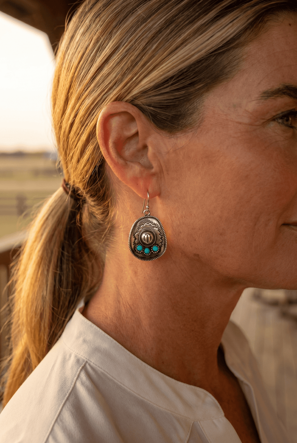 Western Cowboy Hat Dangle Earrings with Faux Turquoise — Oxidized Silver 1" Drop - Rooted & Reckless Co.