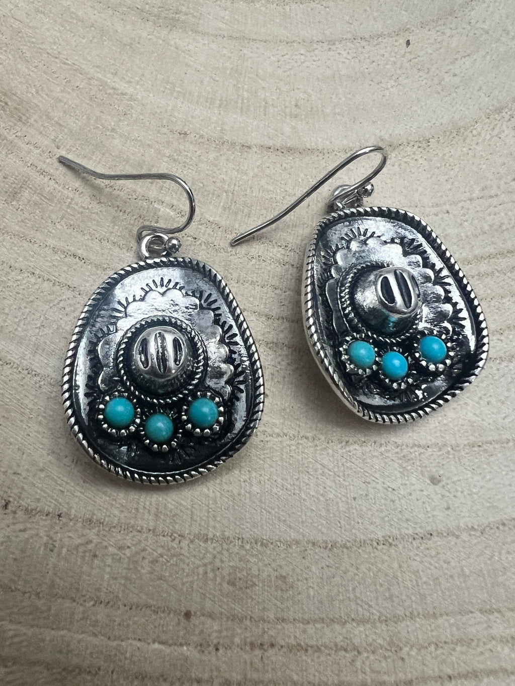 Western Cowboy Hat Dangle Earrings with Faux Turquoise — Oxidized Silver 1" Drop - Rooted & Reckless Co.