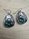 Western Cowboy Hat Dangle Earrings with Faux Turquoise — Oxidized Silver 1" Drop - Rooted & Reckless Co.