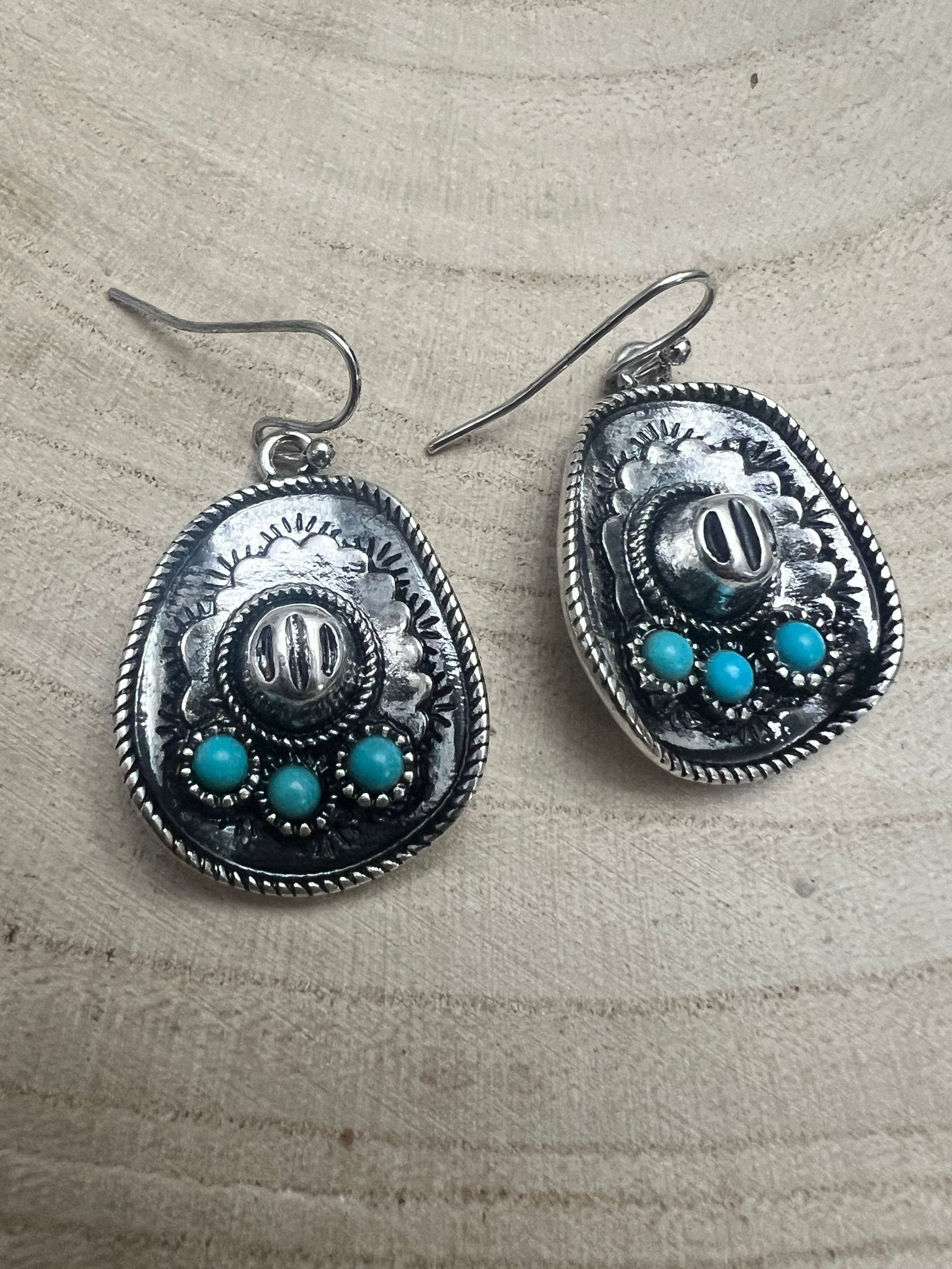 Western Cowboy Hat Dangle Earrings with Faux Turquoise — Oxidized Silver 1" Drop - Rooted & Reckless Co.