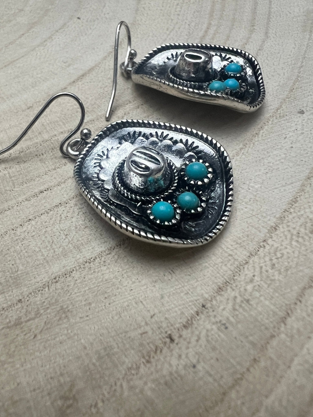Western Cowboy Hat Dangle Earrings with Faux Turquoise — Oxidized Silver 1" Drop - Rooted & Reckless Co.