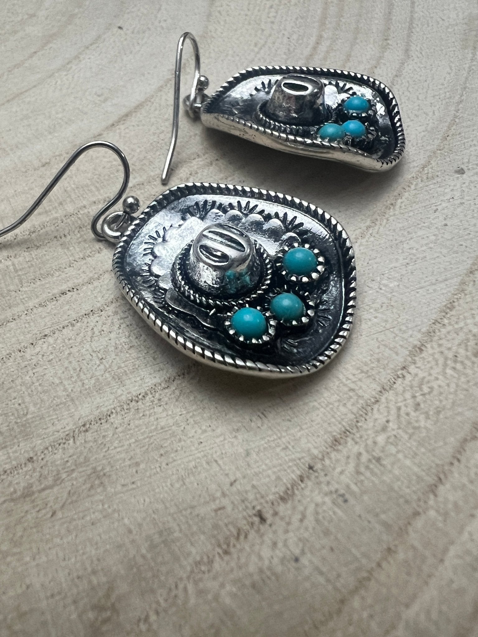 Western Cowboy Hat Dangle Earrings with Faux Turquoise — Oxidized Silver 1" Drop - Rooted & Reckless Co.