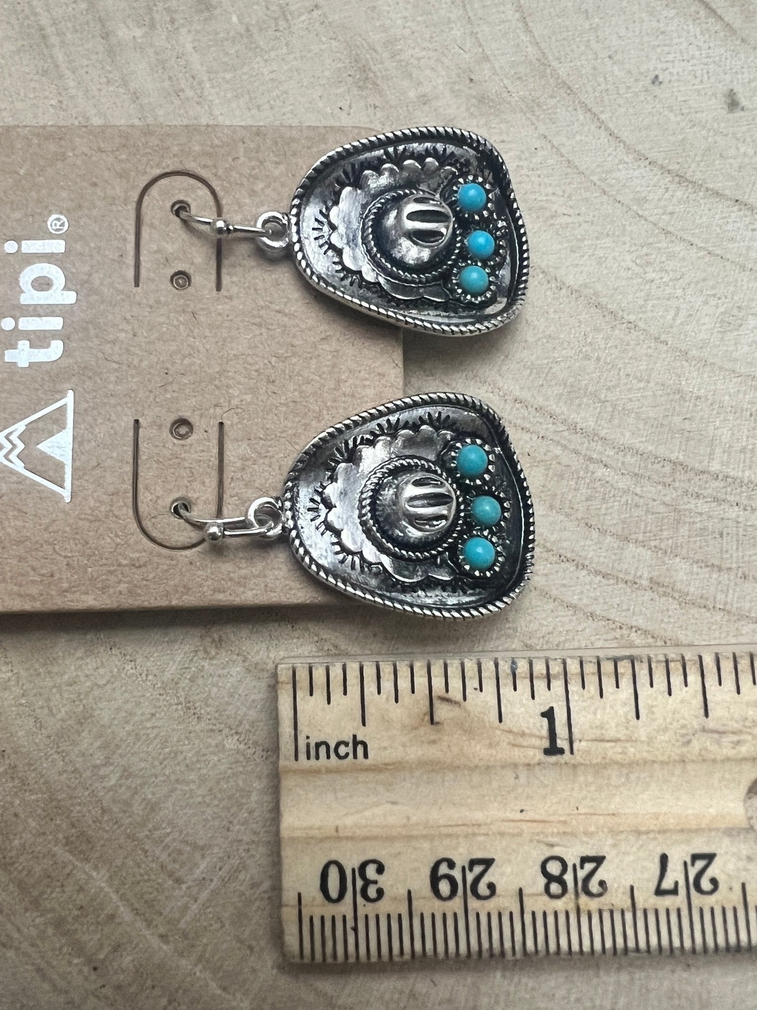 Western Cowboy Hat Dangle Earrings with Faux Turquoise — Oxidized Silver 1" Drop - Rooted & Reckless Co.
