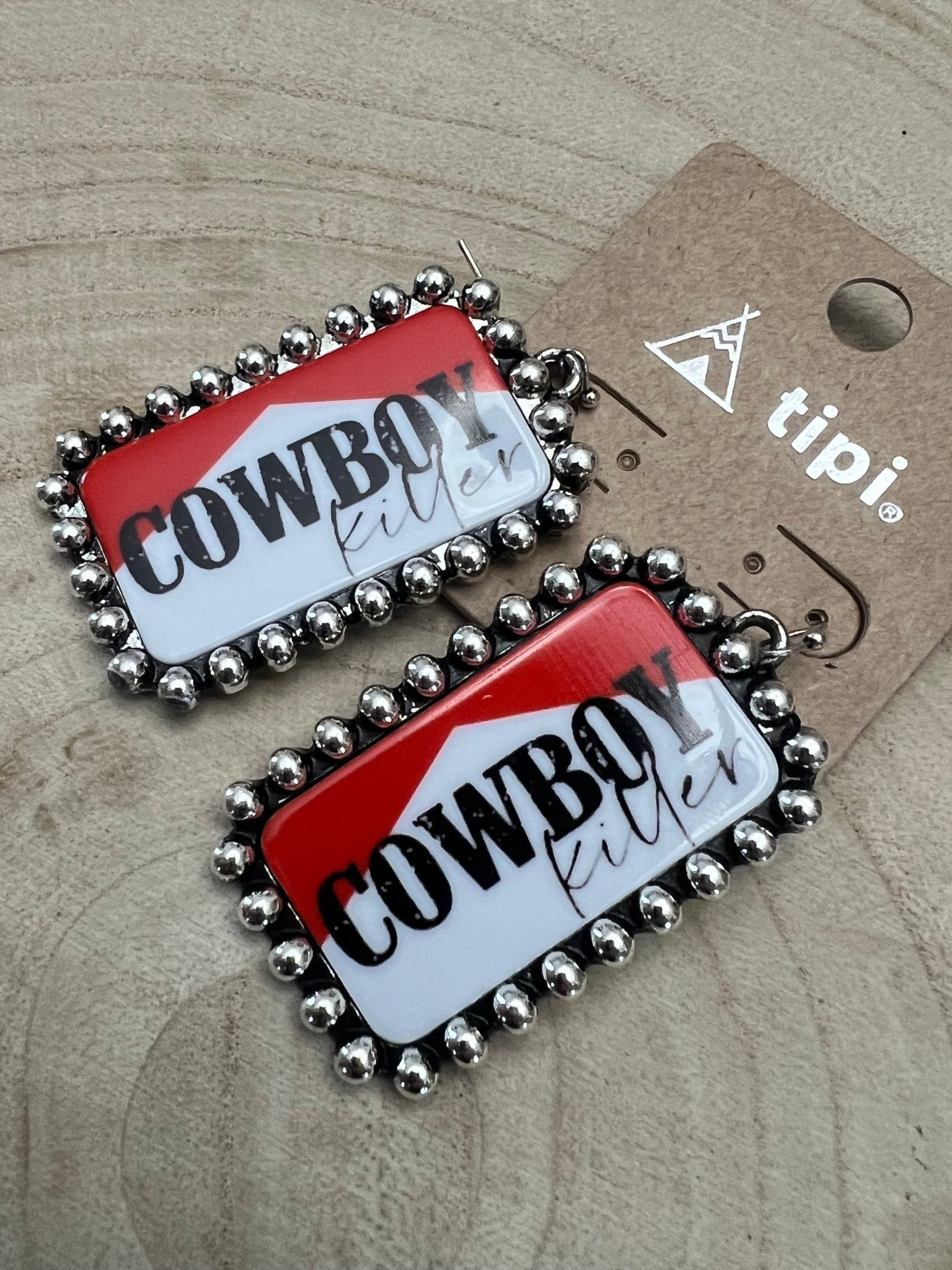 Western Cowboy Killer Rectangle Earrings — Red & White Western Statement - Rooted & Reckless Co.
