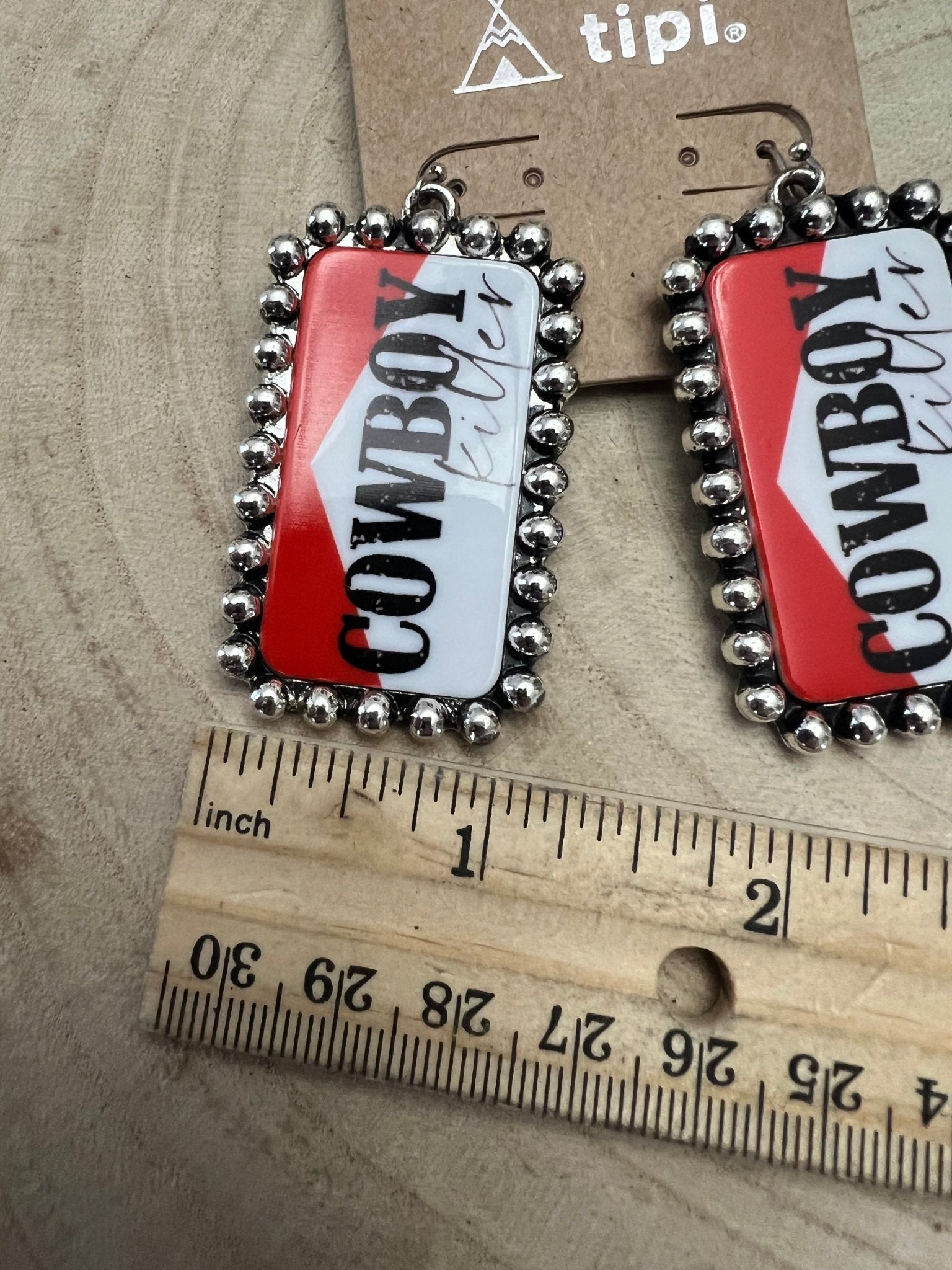 Western Cowboy Killer Rectangle Earrings — Red & White Western Statement - Rooted & Reckless Co.