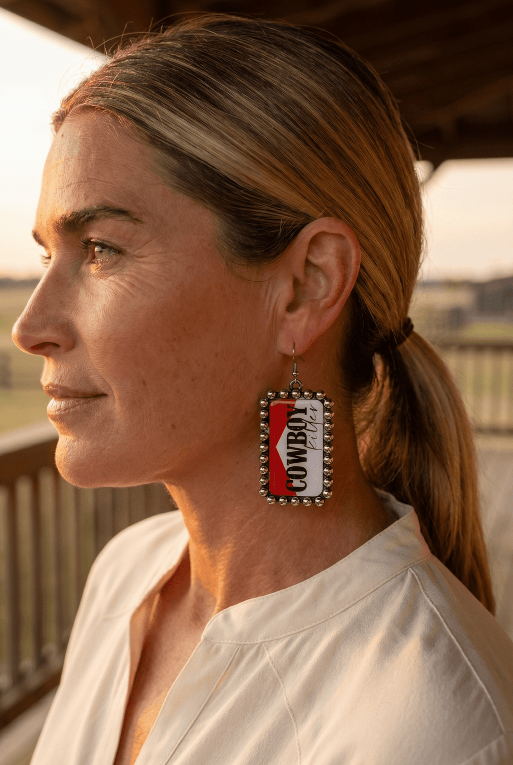 Western Cowboy Killer Rectangle Earrings — Red & White Western Statement - Rooted & Reckless Co.