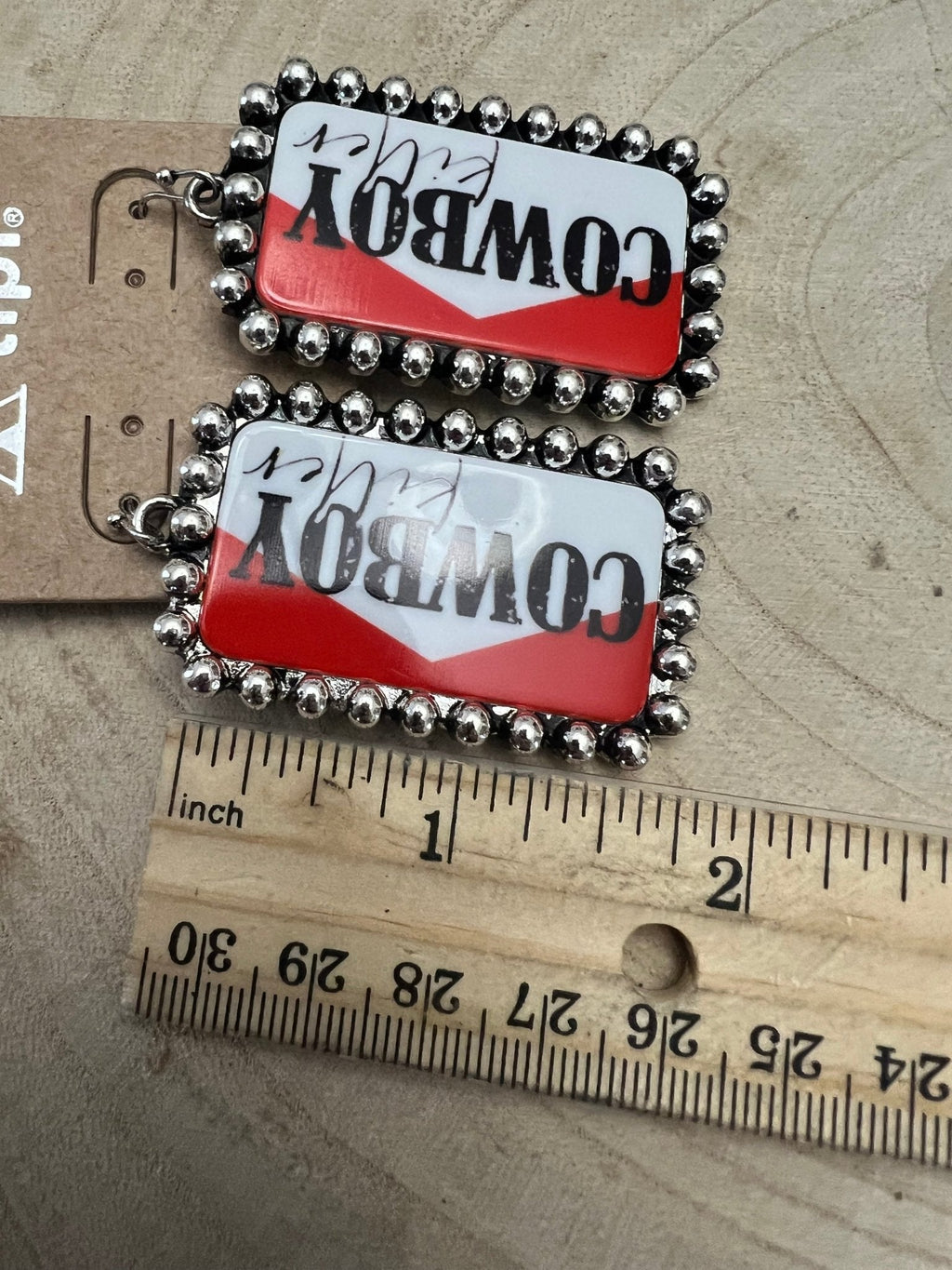 Western Cowboy Killer Rectangle Earrings — Red & White Western Statement - Rooted & Reckless Co.