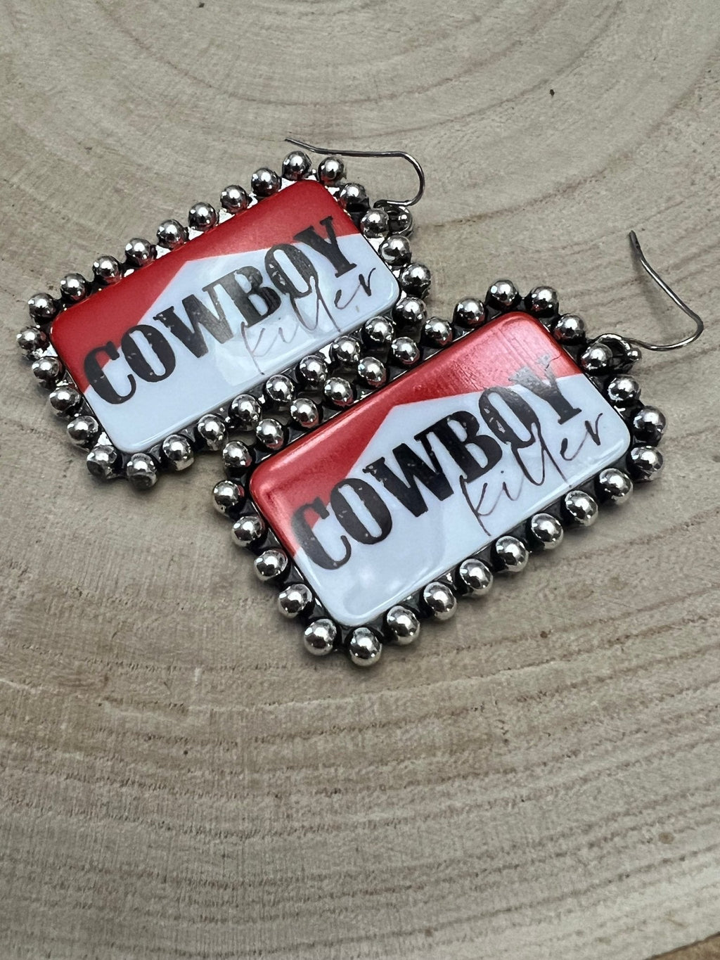 Western Cowboy Killer Rectangle Earrings — Red & White Western Statement - Rooted & Reckless Co.