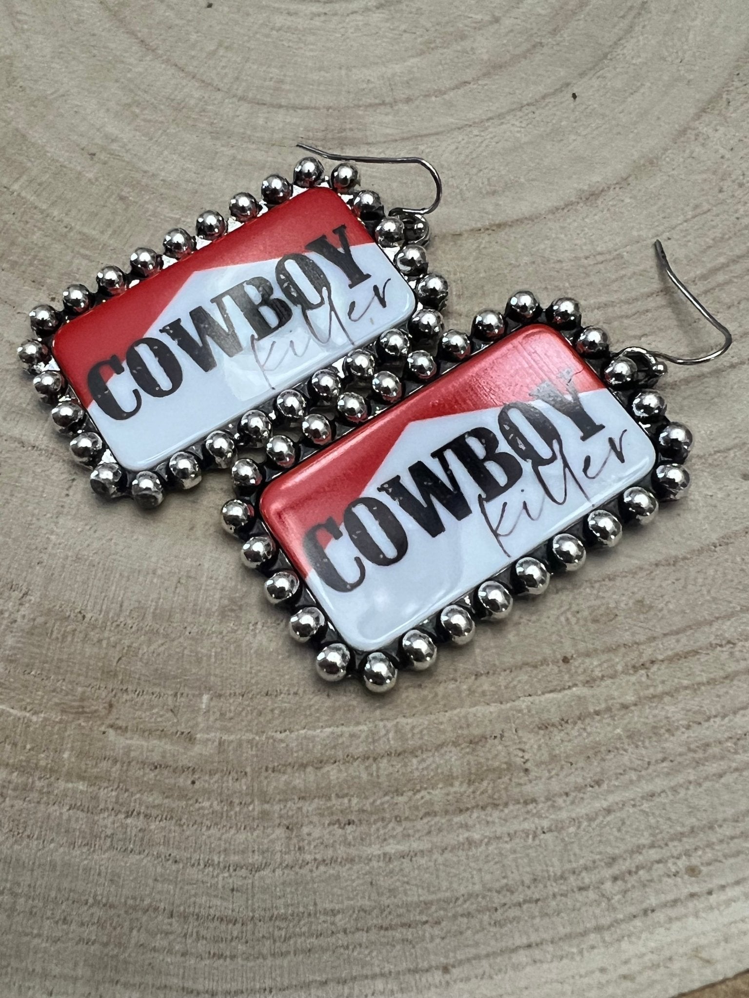 Western Cowboy Killer Rectangle Earrings — Red & White Western Statement - Rooted & Reckless Co.