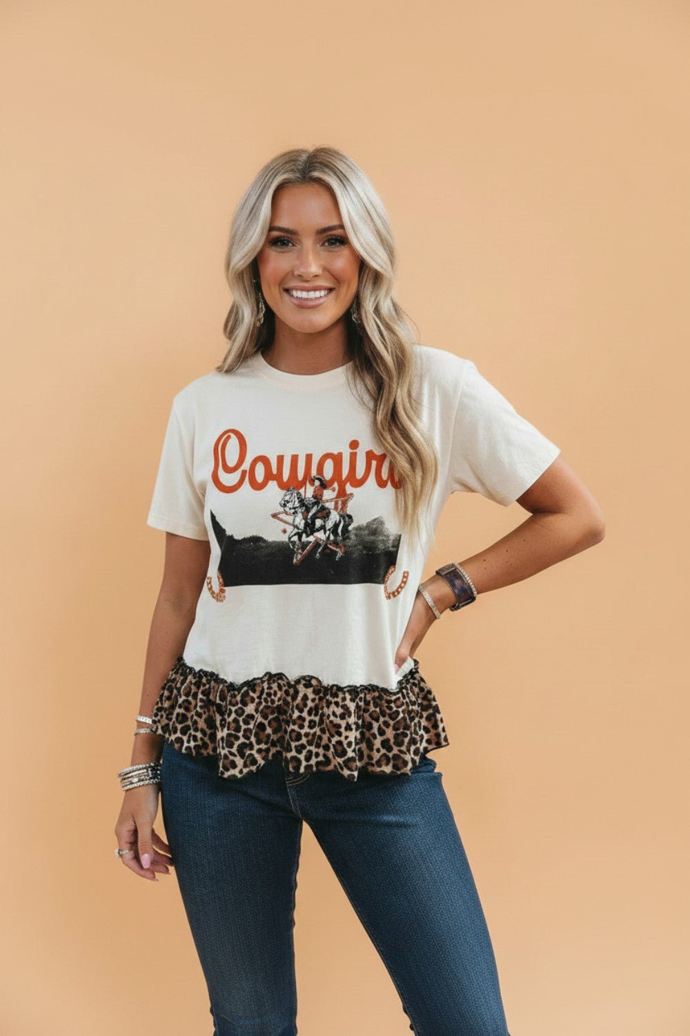Western Cowgirl Leopard Patchwork Ruffle Hem T-Shirt - Rooted & Reckless Co.