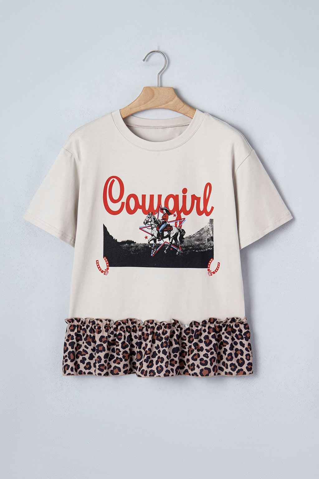 Western Cowgirl Leopard Patchwork Ruffle Hem T-Shirt - Rooted & Reckless Co.