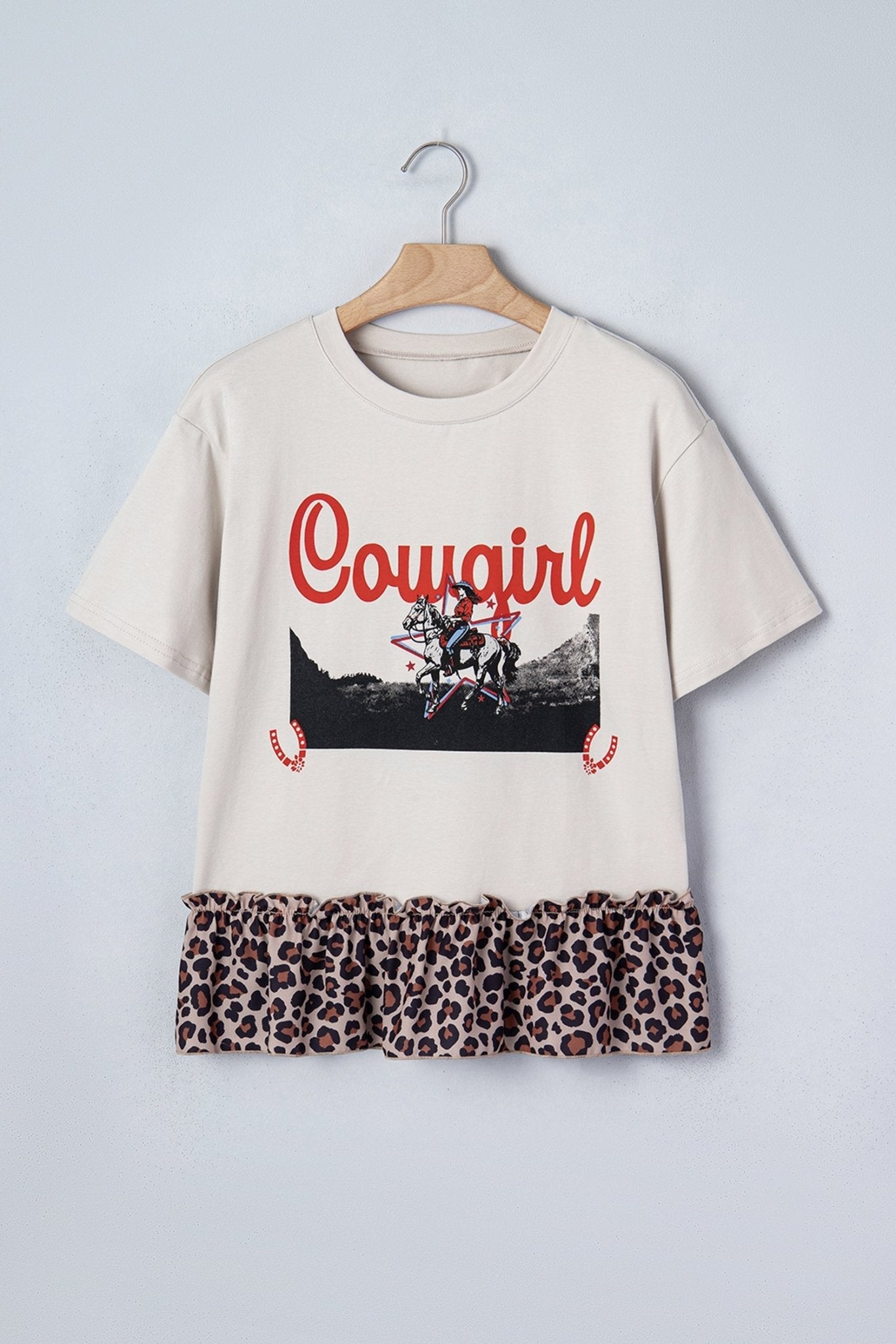Western Cowgirl Leopard Patchwork Ruffle Hem T-Shirt - Rooted & Reckless Co.