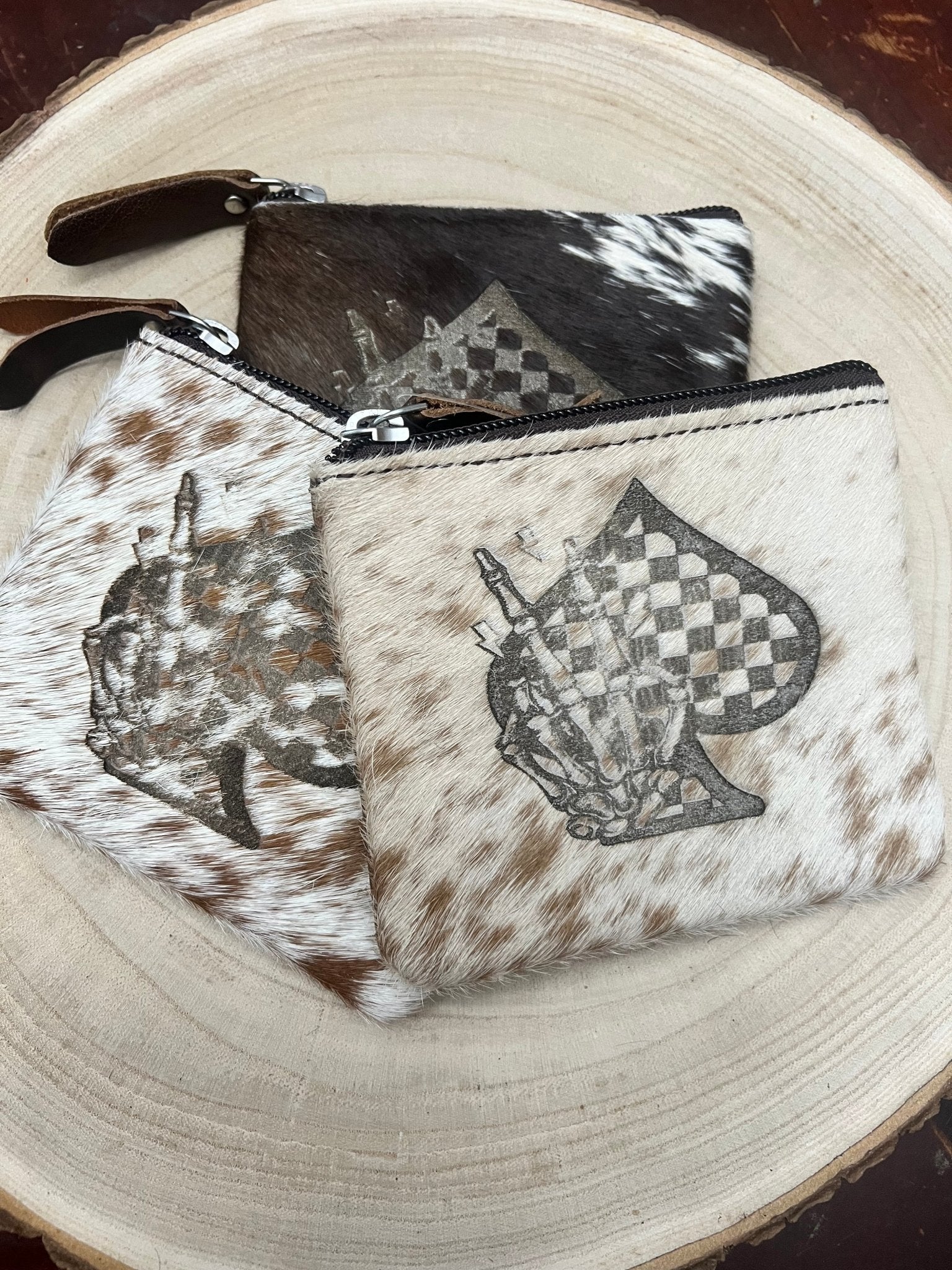 Western Cowhide Coin & Card Purse — Ace of Spades + Skull Hand Western Theme (5" x 3") - Rooted & Reckless Co.