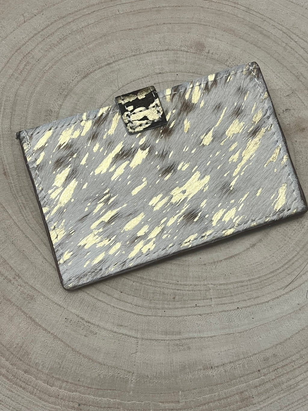 Western Cowhide Credit Card Wallet — Acid Wash Gold Hair-on-Hide (5" x 3" Real Hide) - Rooted & Reckless Co.