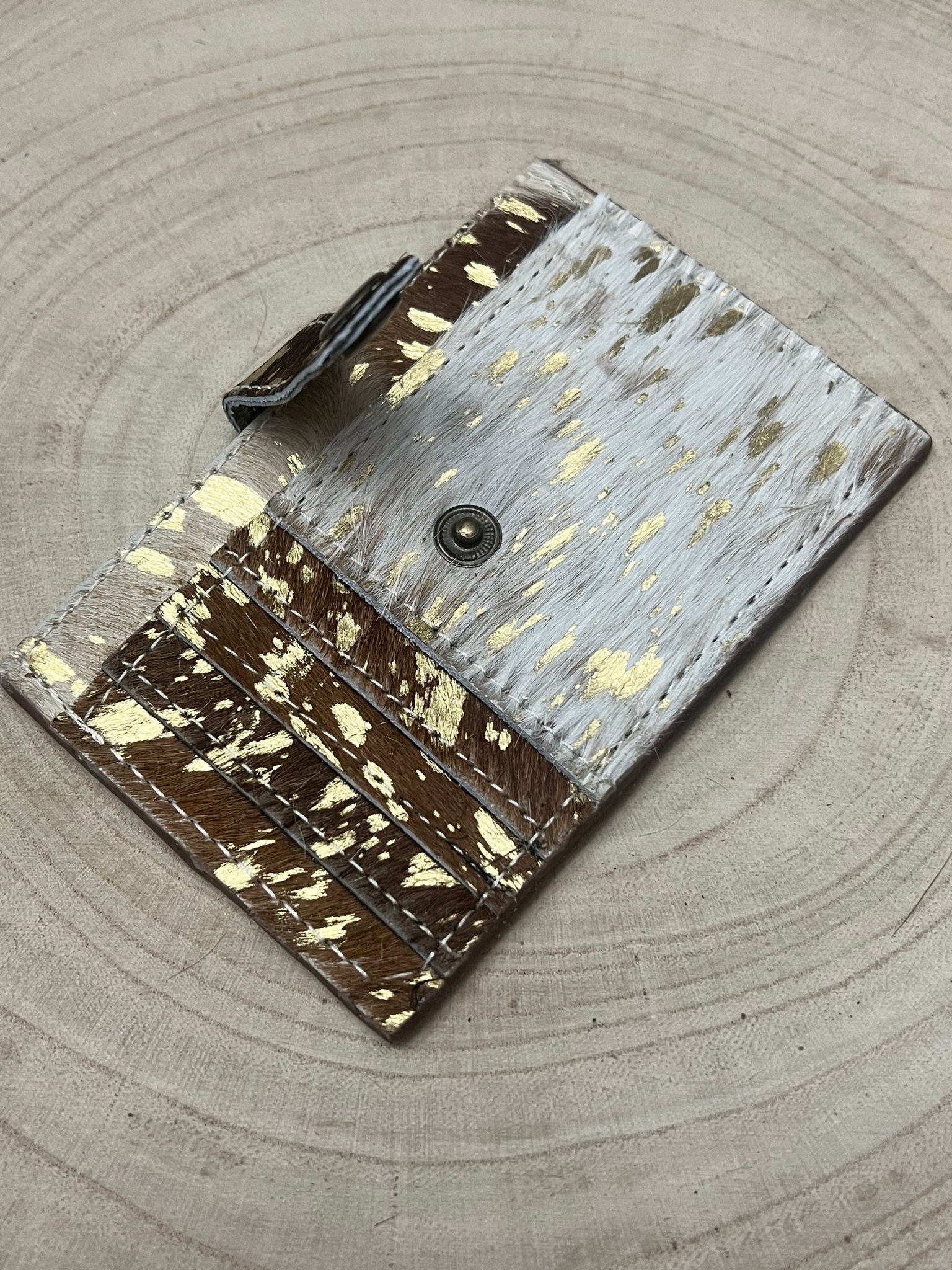 Western Cowhide Credit Card Wallet — Acid Wash Gold Hair-on-Hide (5" x 3" Real Hide) - Rooted & Reckless Co.