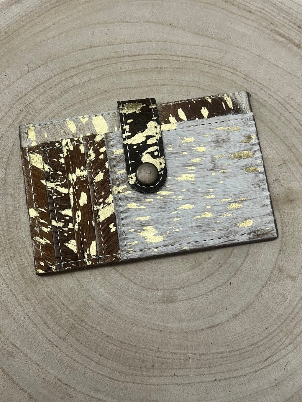 Western Cowhide Credit Card Wallet — Acid Wash Gold Hair-on-Hide (5" x 3" Real Hide) - Rooted & Reckless Co.