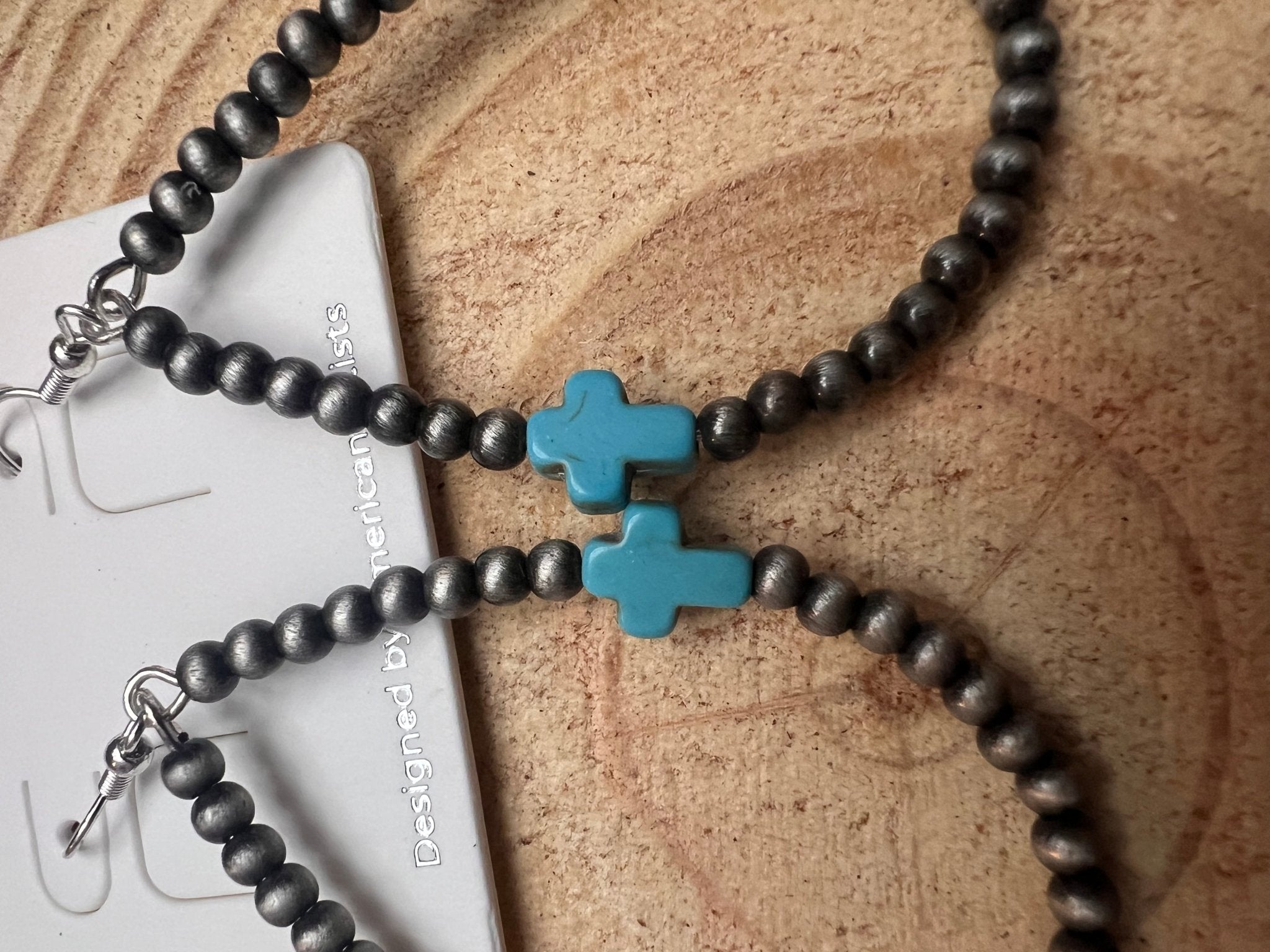 Western Cross Earrings with Faux Turquoise & Pearl Teardrops — 2½" Drop - Rooted & Reckless Co.