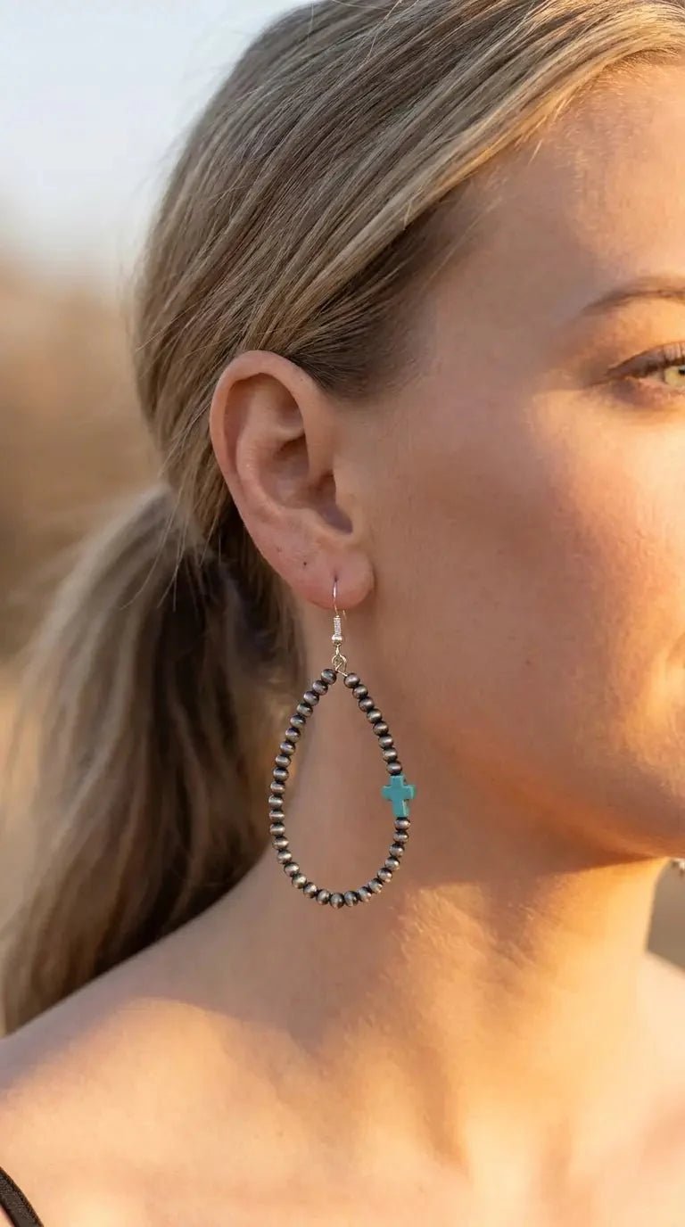 Western Cross Earrings with Faux Turquoise & Pearl Teardrops — 2½" Drop - Rooted & Reckless Co.