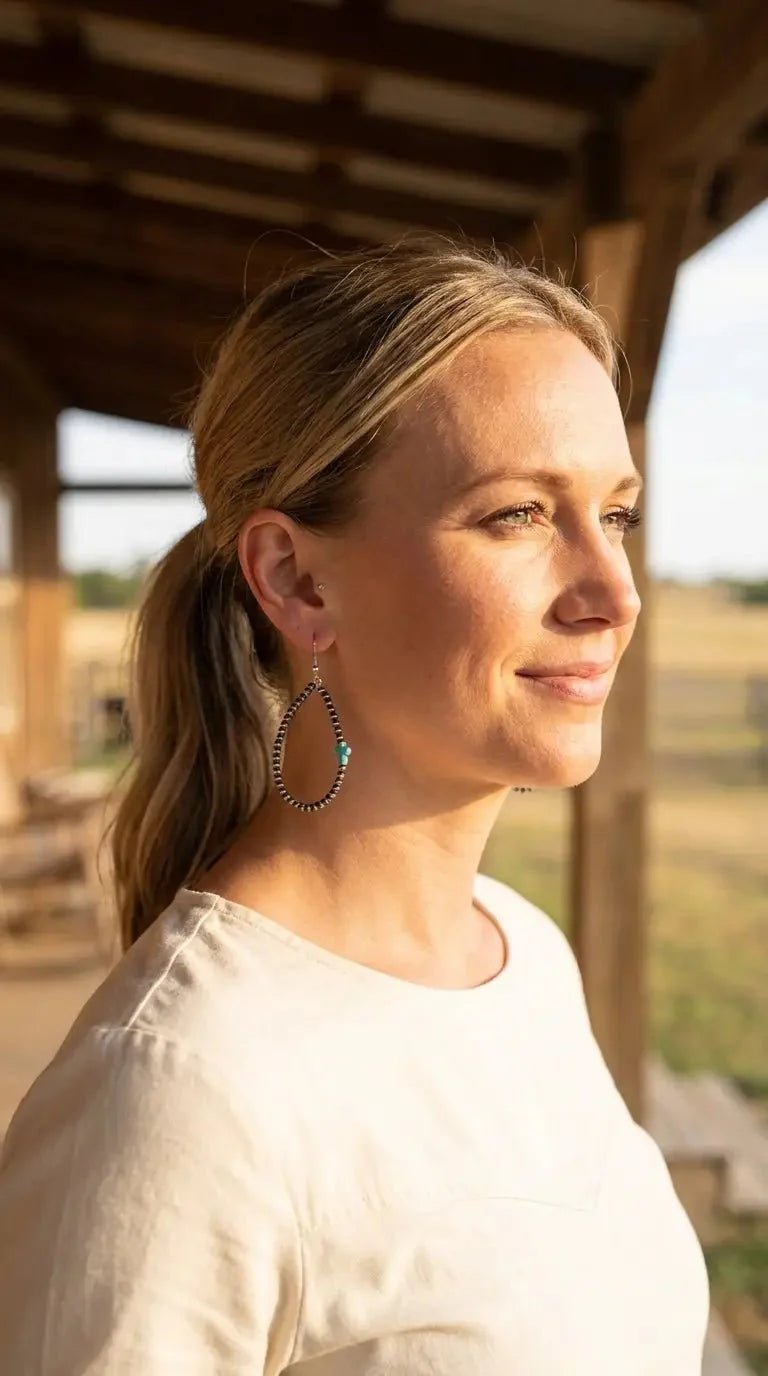 Western Cross Earrings with Faux Turquoise & Pearl Teardrops — 2½" Drop - Rooted & Reckless Co.