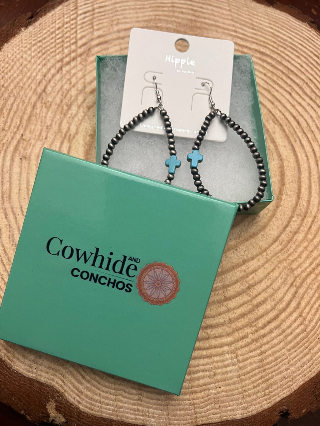 Western Cross Earrings with Faux Turquoise & Pearl Teardrops — 2½" Drop - Rooted & Reckless Co.