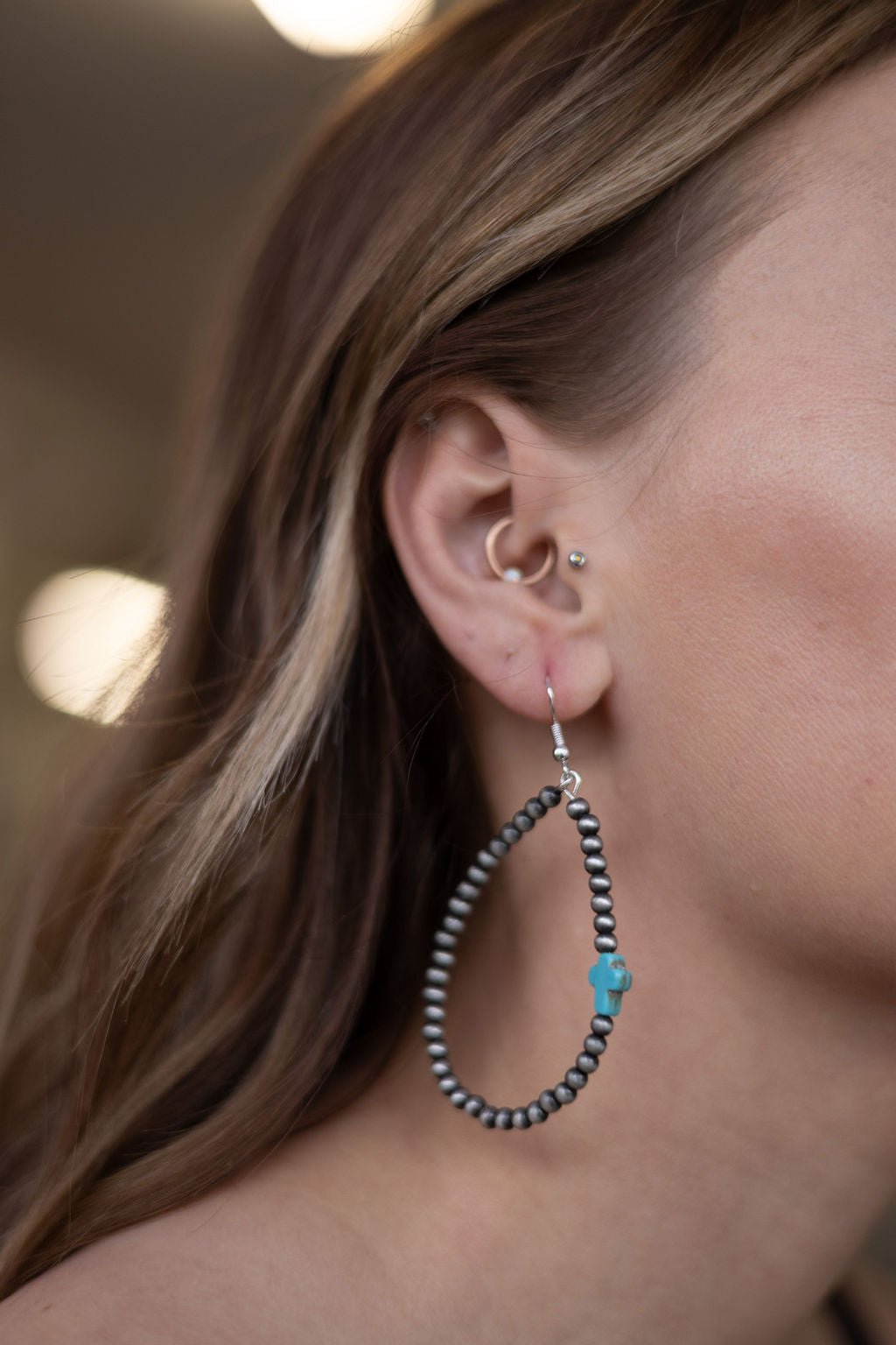Western Cross Earrings with Faux Turquoise & Pearl Teardrops — 2½" Drop - Rooted & Reckless Co.