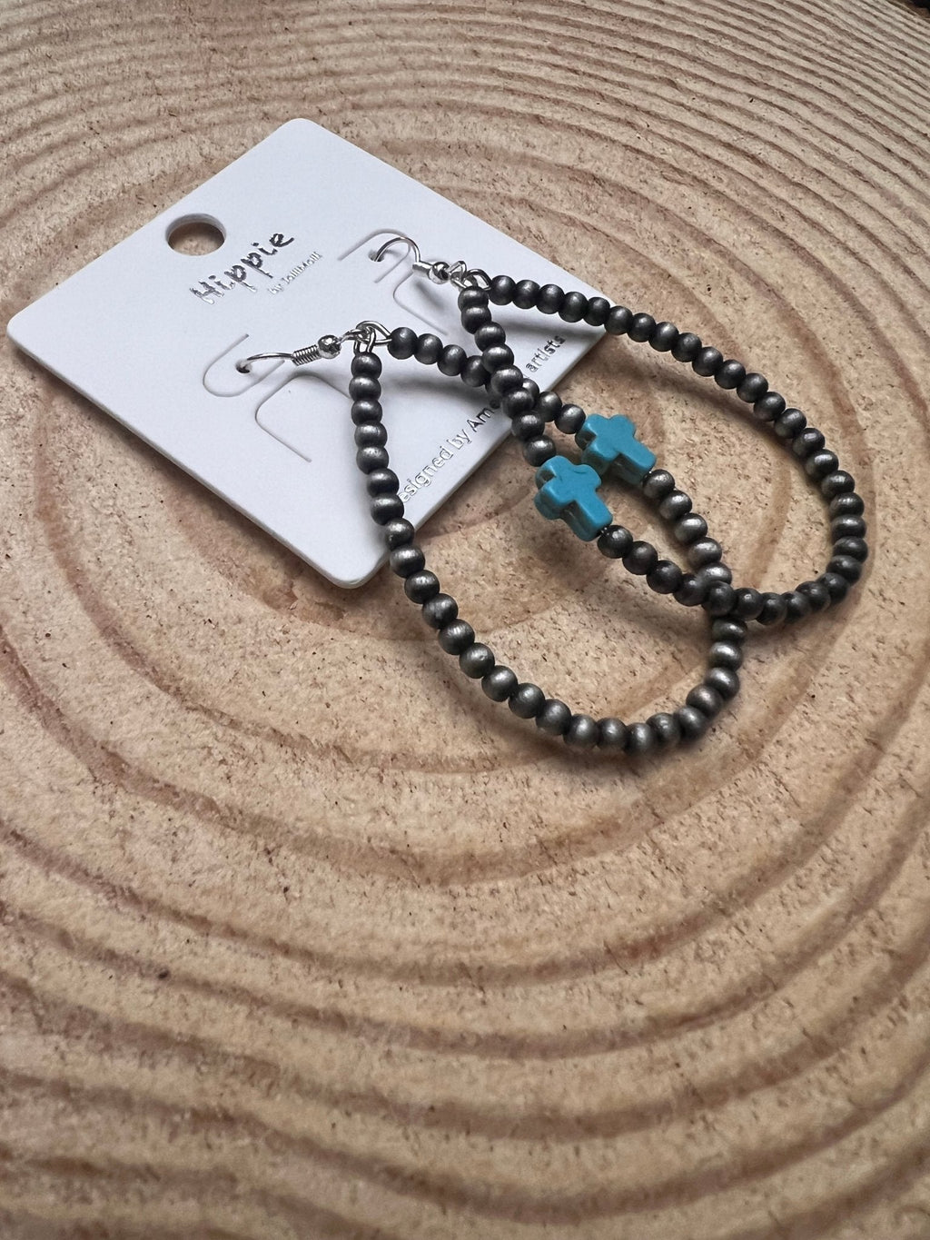 Western Cross Earrings with Faux Turquoise & Pearl Teardrops — 2½" Drop - Rooted & Reckless Co.