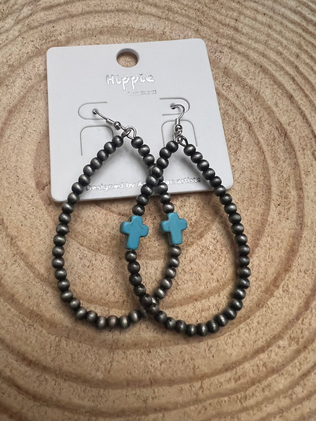 Western Cross Earrings with Faux Turquoise & Pearl Teardrops — 2½" Drop - Rooted & Reckless Co.
