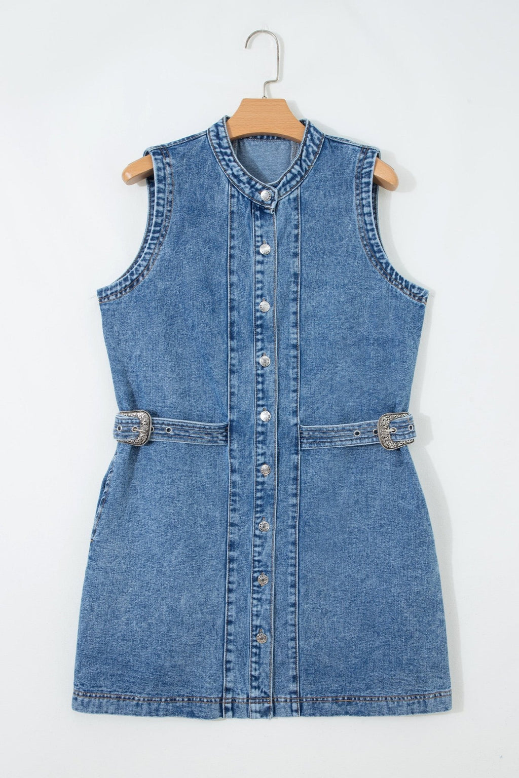Western Denim Belted Button Down Sleeveless Dress - Rooted & Reckless Co.