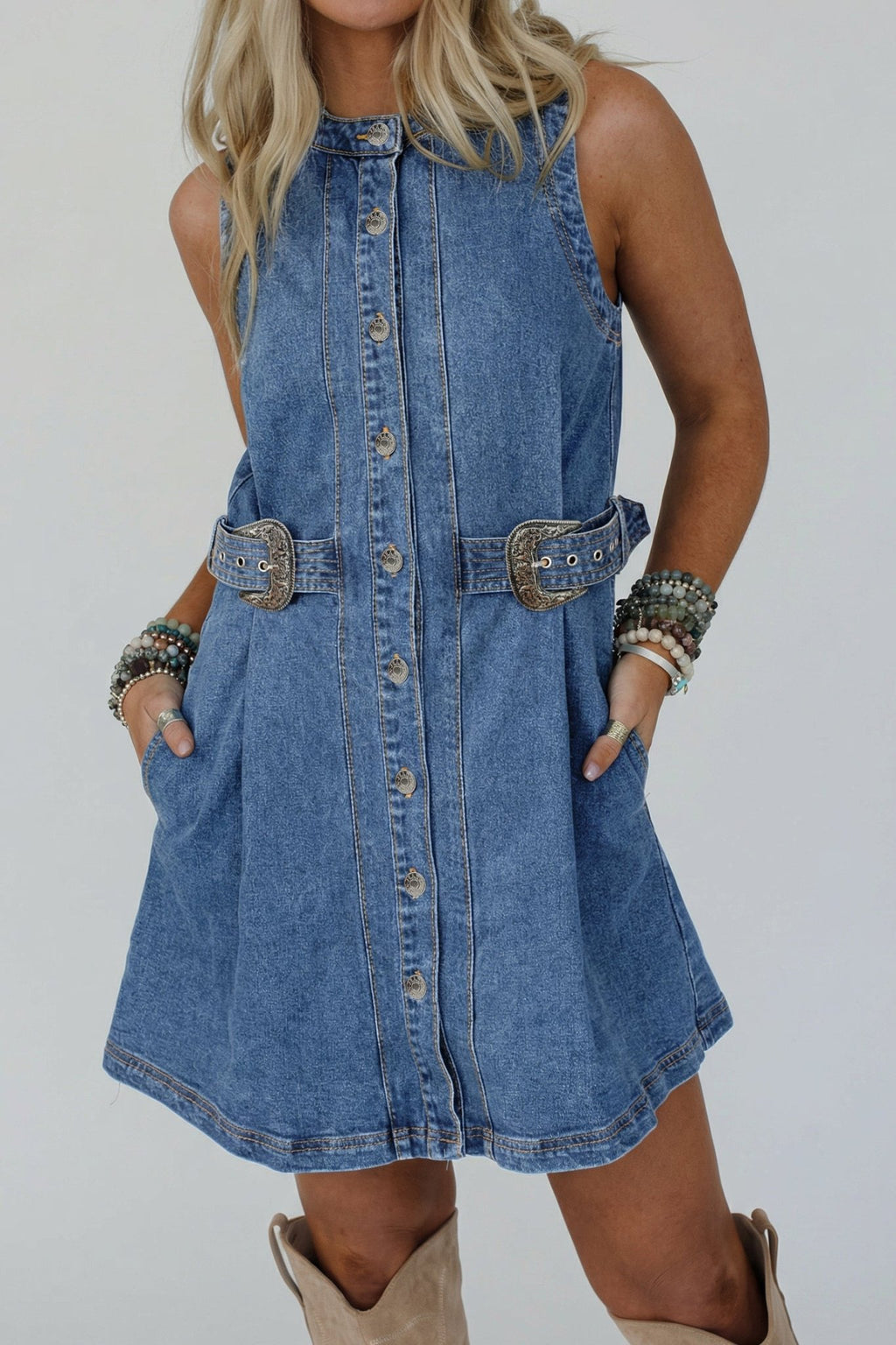 Western Denim Belted Button Down Sleeveless Dress - Rooted & Reckless Co.