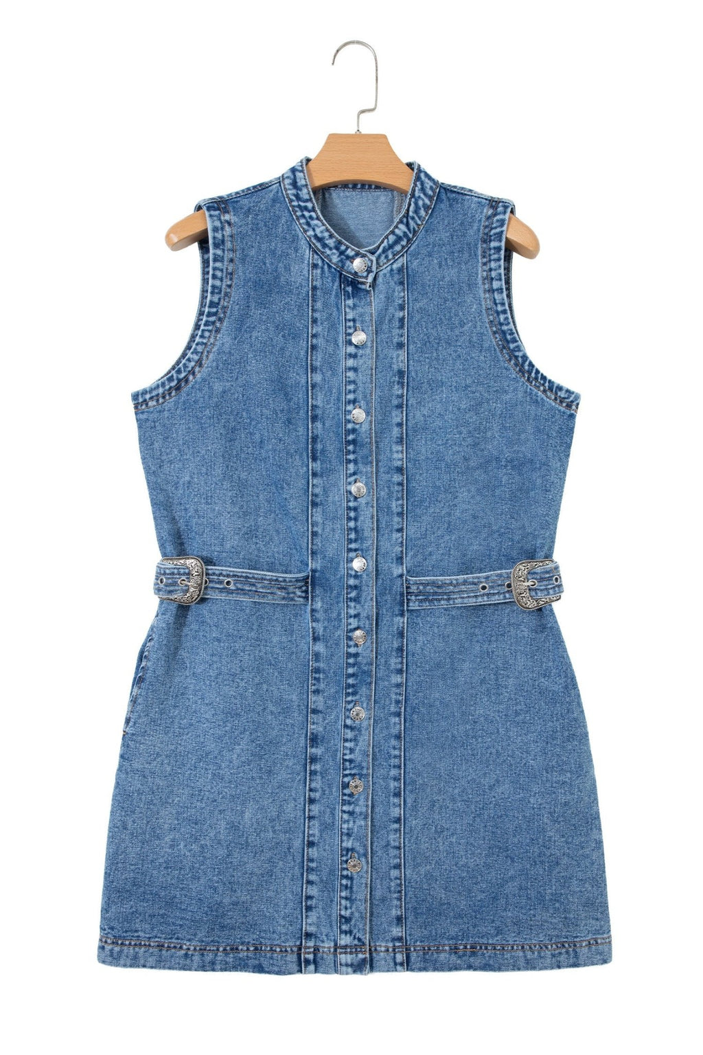 Western Denim Belted Button Down Sleeveless Dress - Rooted & Reckless Co.