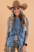 Western Denim Button Front Slit Sleeveless Vest - Rooted & Reckless Co.