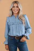Western Denim Chambray Ruffle V-Neck Long Sleeve Blouse - Rooted & Reckless Co.