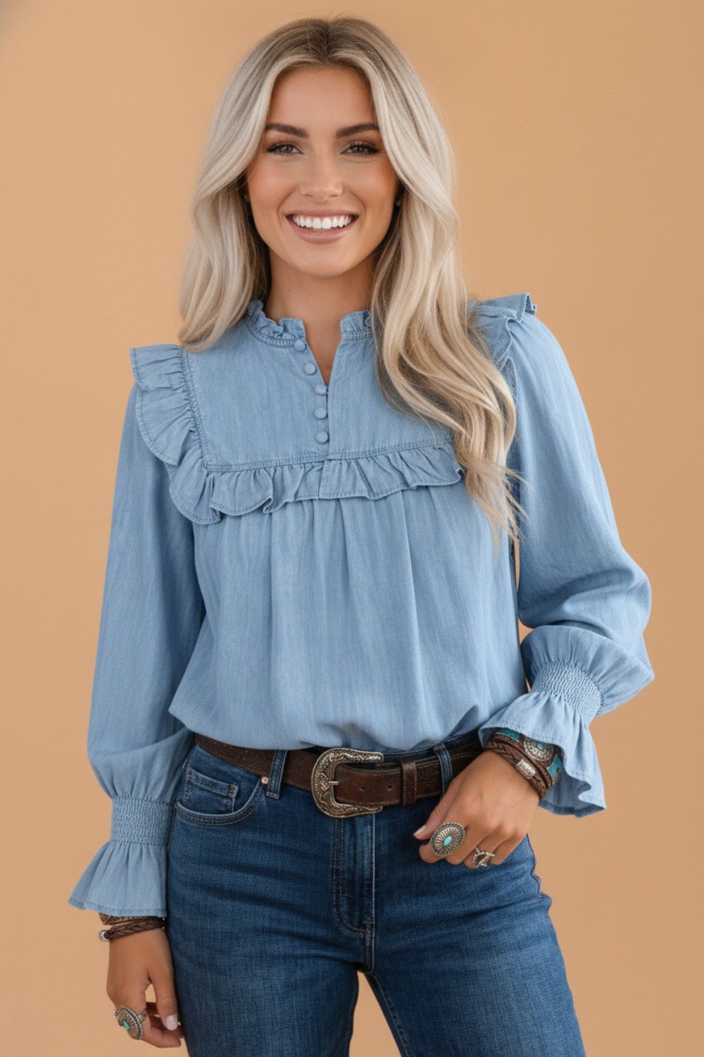 Western Denim Chambray Ruffle V-Neck Long Sleeve Blouse - Rooted & Reckless Co.