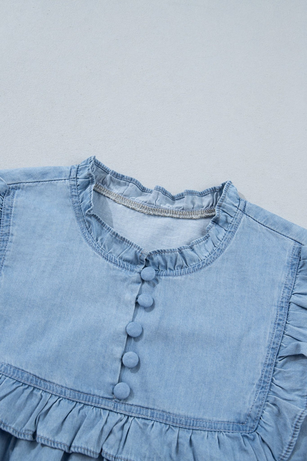 Western Denim Chambray Ruffle V-Neck Long Sleeve Blouse - Rooted & Reckless Co.