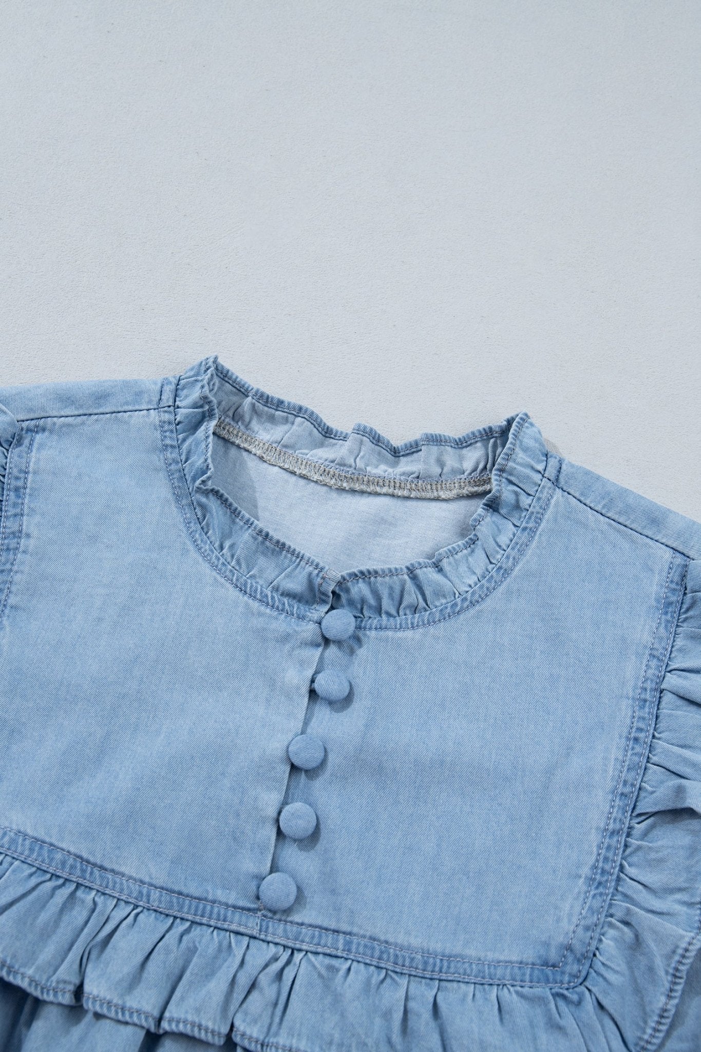 Western Denim Chambray Ruffle V-Neck Long Sleeve Blouse - Rooted & Reckless Co.