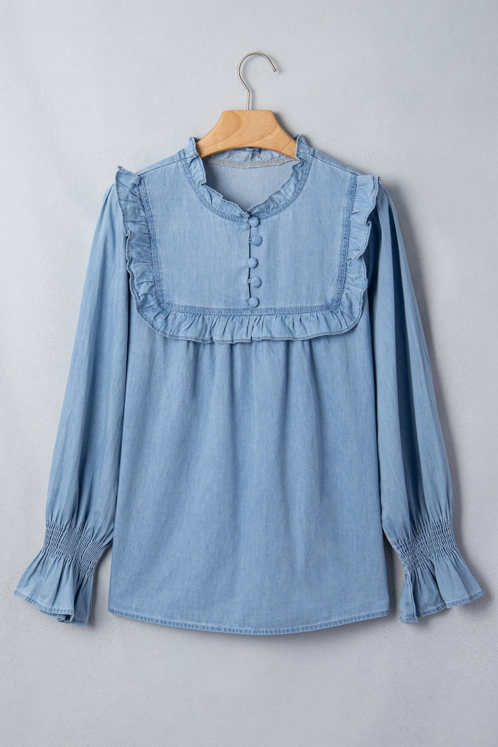 Western Denim Chambray Ruffle V-Neck Long Sleeve Blouse - Rooted & Reckless Co.